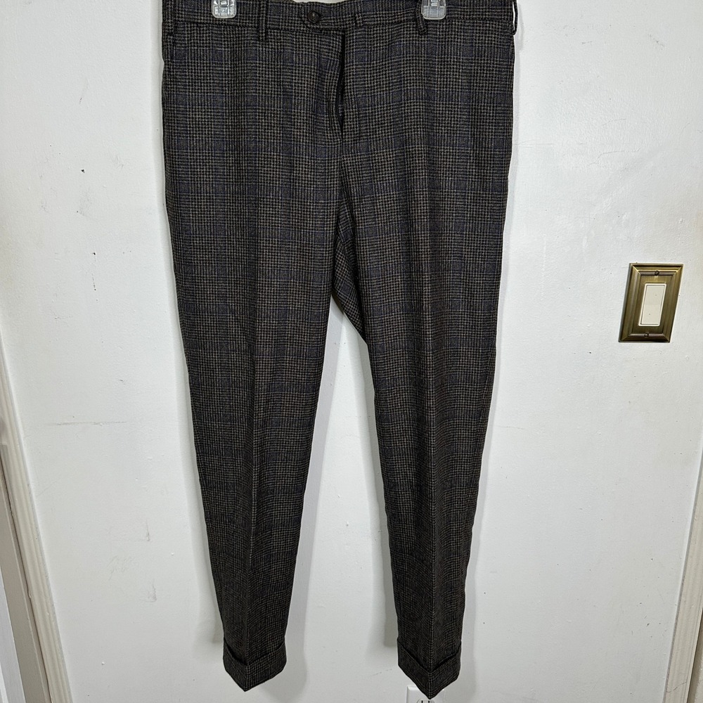 PT01 Pantaloni Torino Men Slim Fit Super 100s Wool Plaid Dress Pants Cuffed 36